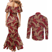 Luxury Red Monstera Couples Matching Mermaid Dress and Long Sleeve Button Shirt Polynesian Tribal Pattern LT01 - Polynesian Pride