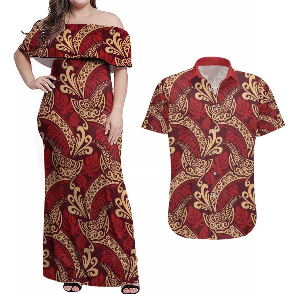 Luxury Red Monstera Couples Matching Off Shoulder Maxi Dress and Hawaiian Shirt Polynesian Tribal Pattern - Polynesian Pride