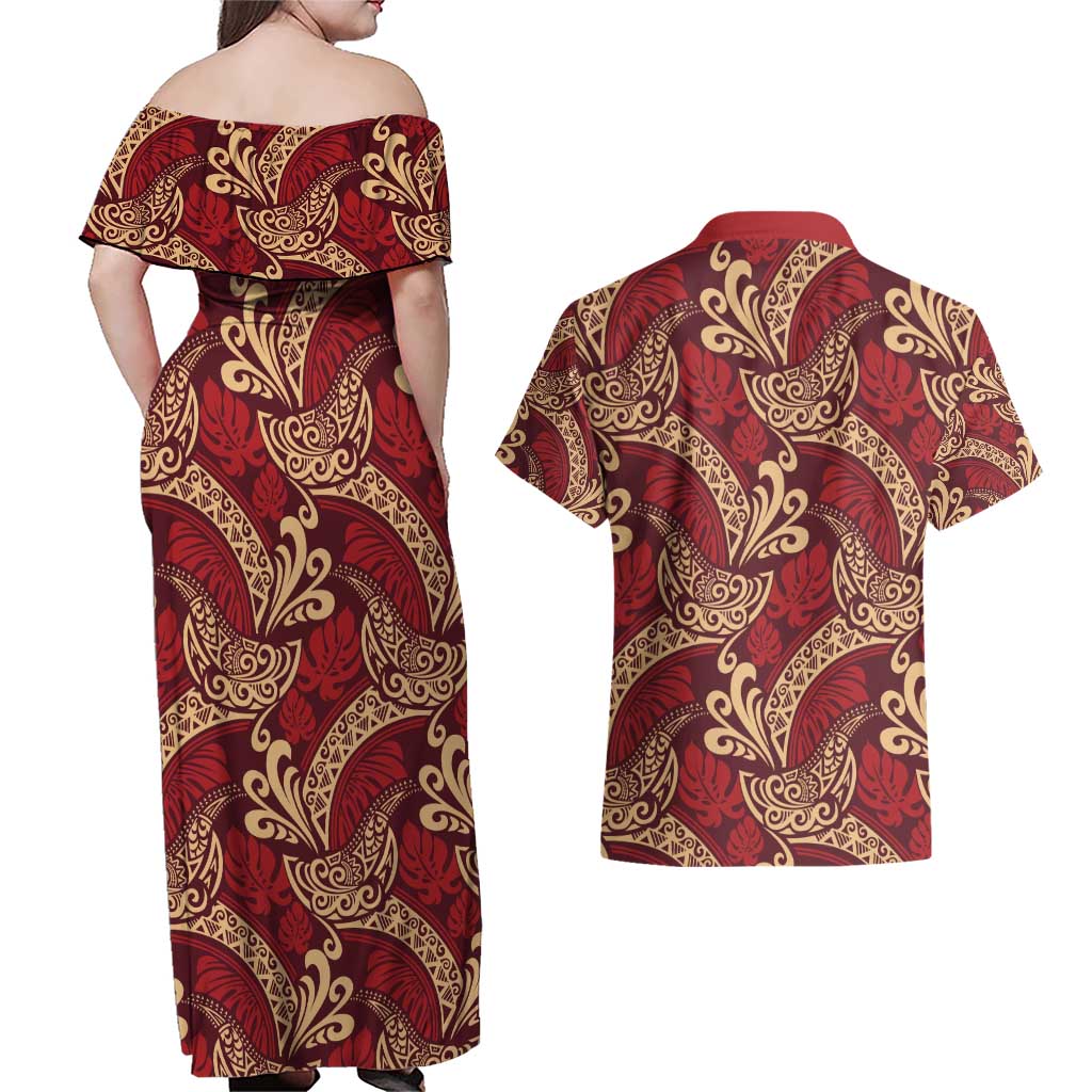 Luxury Red Monstera Couples Matching Off Shoulder Maxi Dress and Hawaiian Shirt Polynesian Tribal Pattern - Polynesian Pride