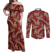 Luxury Red Monstera Couples Matching Off Shoulder Maxi Dress and Long Sleeve Button Shirt Polynesian Tribal Pattern LT01 Red - Polynesian Pride