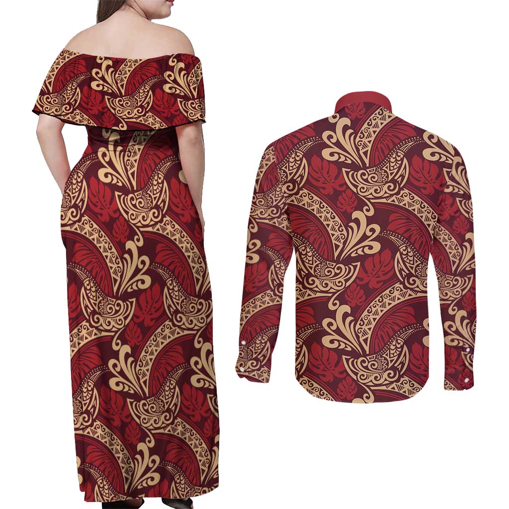 Luxury Red Monstera Couples Matching Off Shoulder Maxi Dress and Long Sleeve Button Shirt Polynesian Tribal Pattern LT01 - Polynesian Pride