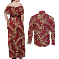 Luxury Red Monstera Couples Matching Off Shoulder Maxi Dress and Long Sleeve Button Shirt Polynesian Tribal Pattern LT01 - Polynesian Pride