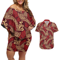 Luxury Red Monstera Couples Matching Off Shoulder Short Dress and Hawaiian Shirt Polynesian Tribal Pattern - Polynesian Pride