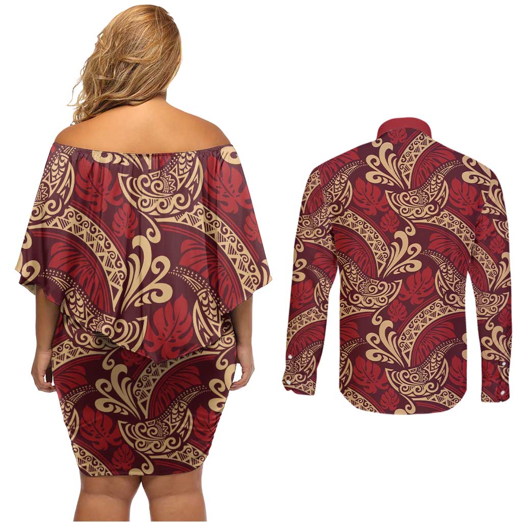 Luxury Red Monstera Couples Matching Off Shoulder Short Dress and Long Sleeve Button Shirt Polynesian Tribal Pattern LT01 - Polynesian Pride