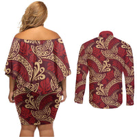 Luxury Red Monstera Couples Matching Off Shoulder Short Dress and Long Sleeve Button Shirt Polynesian Tribal Pattern LT01 - Polynesian Pride