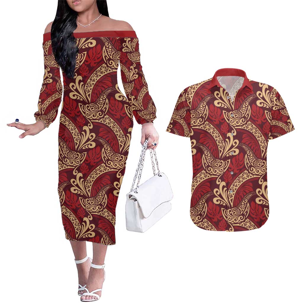 Luxury Red Monstera Couples Matching Off The Shoulder Long Sleeve Dress and Hawaiian Shirt Polynesian Tribal Pattern - Polynesian Pride