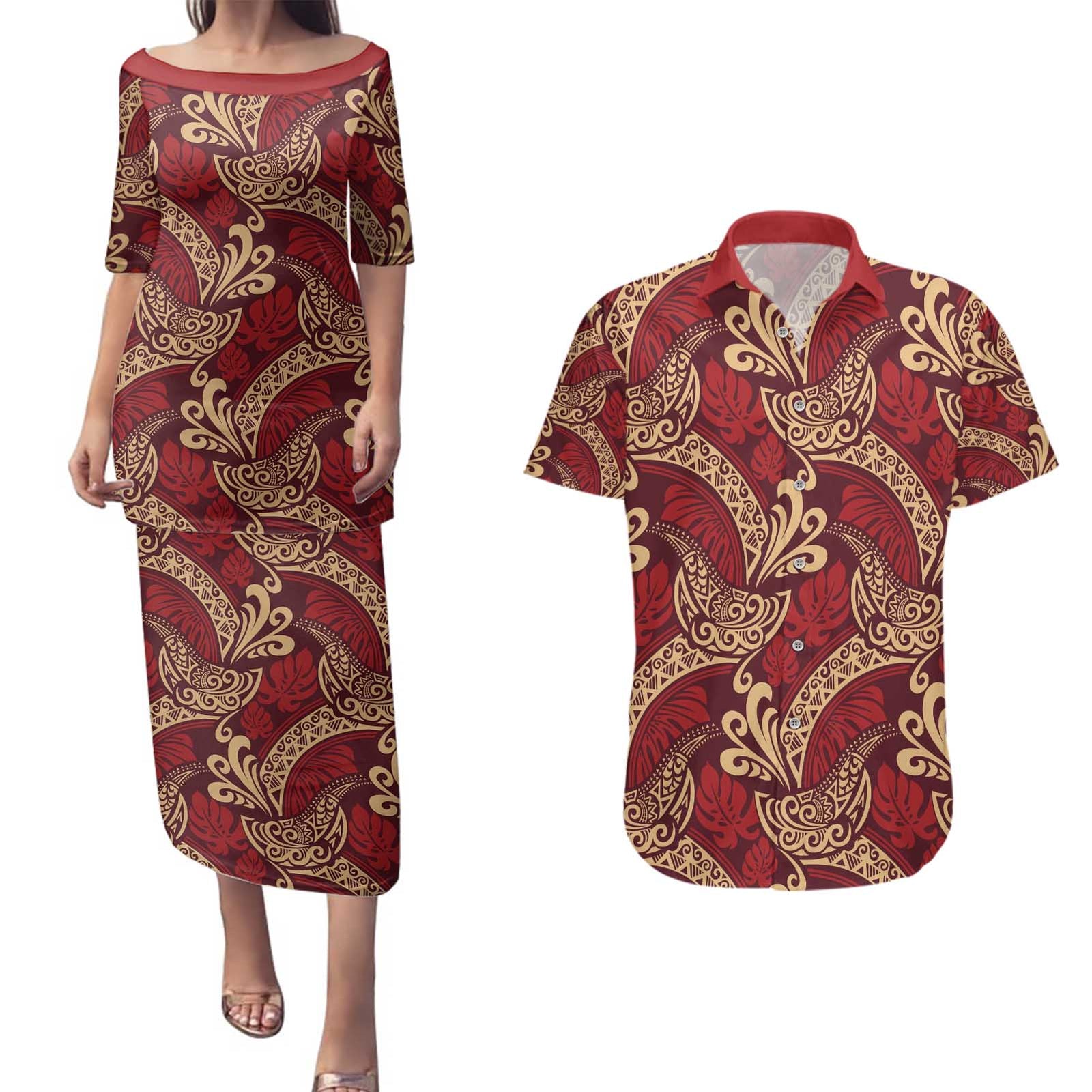 Luxury Red Monstera Couples Matching Puletasi and Hawaiian Shirt Polynesian Tribal Pattern LT01 Red - Polynesian Pride