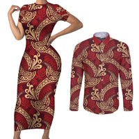 Luxury Red Monstera Couples Matching Short Sleeve Bodycon Dress and Long Sleeve Button Shirt Polynesian Tribal Pattern - Polynesian Pride