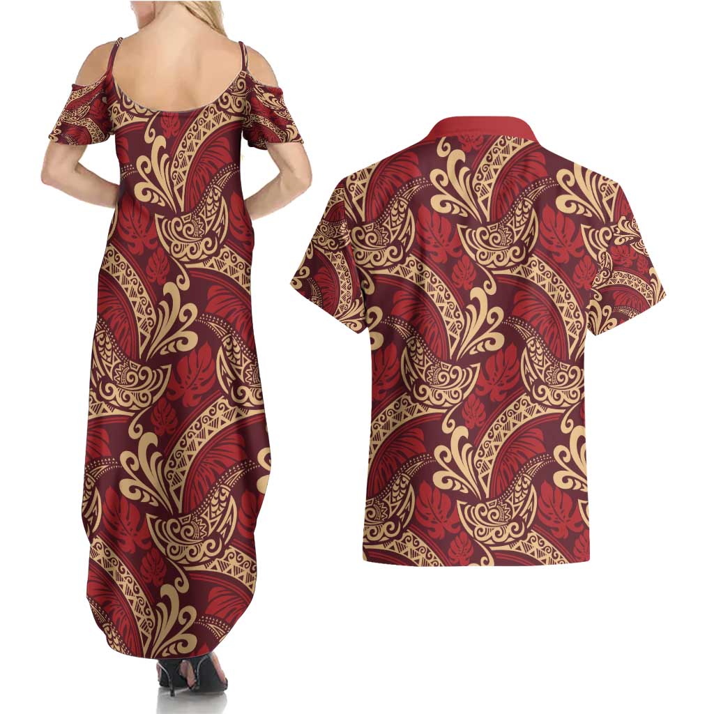 Luxury Red Monstera Couples Matching Summer Maxi Dress and Hawaiian Shirt Polynesian Tribal Pattern - Polynesian Pride