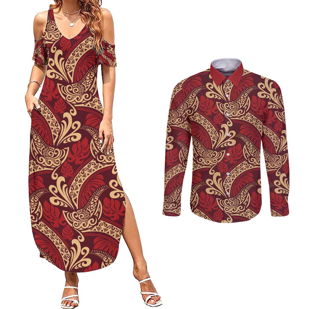 Luxury Red Monstera Couples Matching Summer Maxi Dress and Long Sleeve Button Shirt Polynesian Tribal Pattern - Polynesian Pride