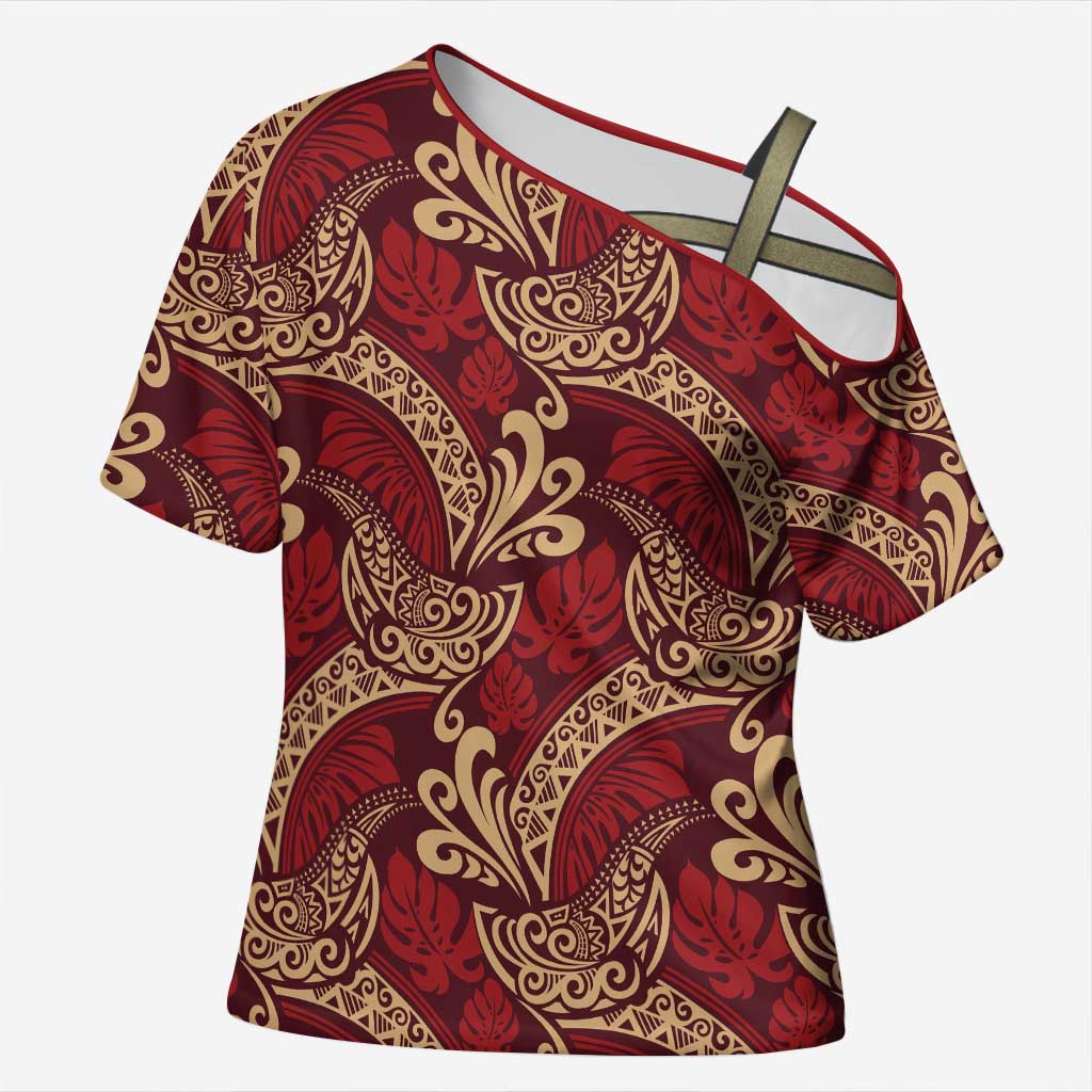 Luxury Red Monstera Cross Shoulder Shirt Polynesian Tribal Pattern LT01 Female Red - Polynesian Pride
