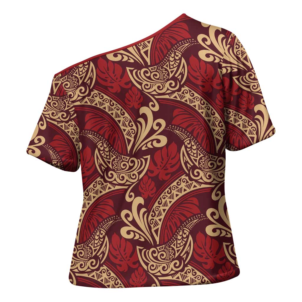 Luxury Red Monstera Cross Shoulder Shirt Polynesian Tribal Pattern LT01 - Polynesian Pride