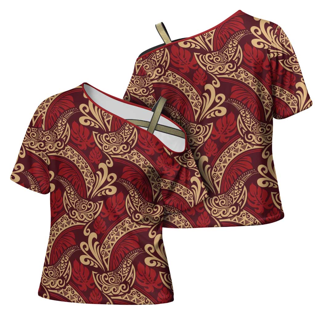 Luxury Red Monstera Cross Shoulder Shirt Polynesian Tribal Pattern LT01 - Polynesian Pride