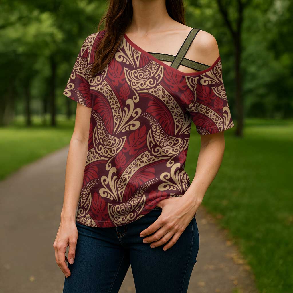 Luxury Red Monstera Cross Shoulder Shirt Polynesian Tribal Pattern LT01 - Polynesian Pride