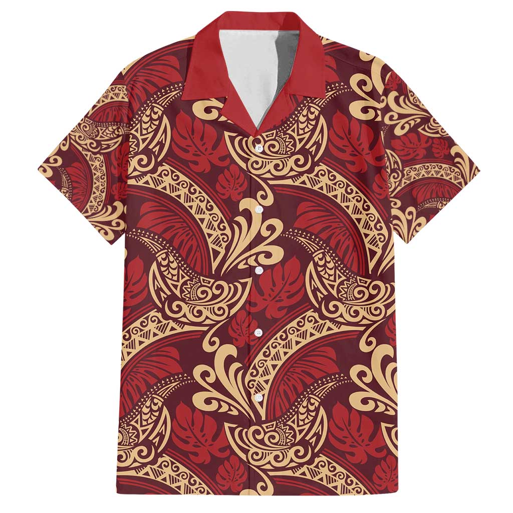 Luxury Red Monstera Family Matching Long Sleeve Bodycon Dress and Hawaiian Shirt Polynesian Tribal Pattern - Polynesian Pride