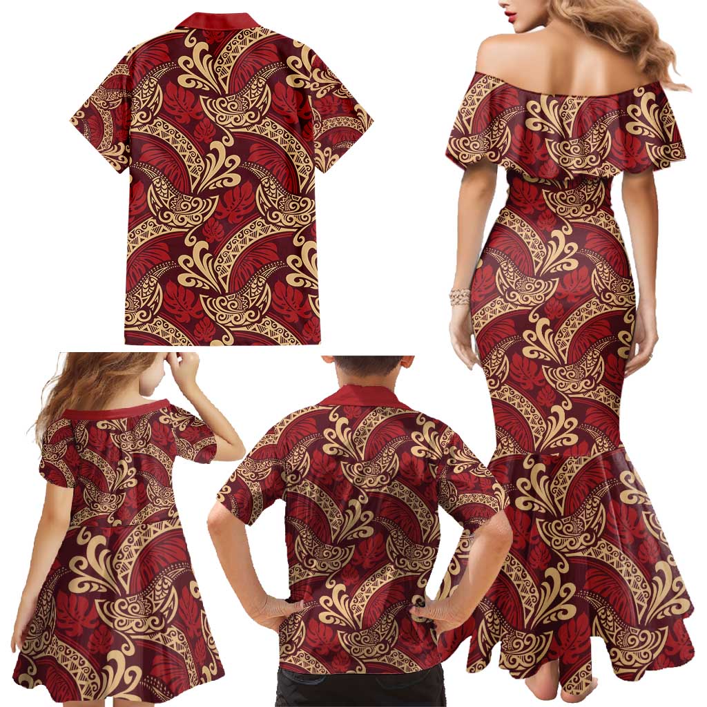 Luxury Red Monstera Family Matching Mermaid Dress and Hawaiian Shirt Polynesian Tribal Pattern - Polynesian Pride