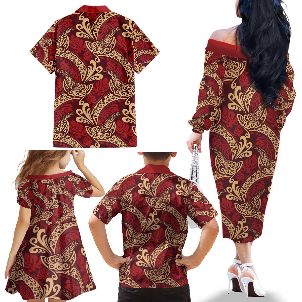 Luxury Red Monstera Family Matching Off The Shoulder Long Sleeve Dress and Hawaiian Shirt Polynesian Tribal Pattern - Polynesian Pride