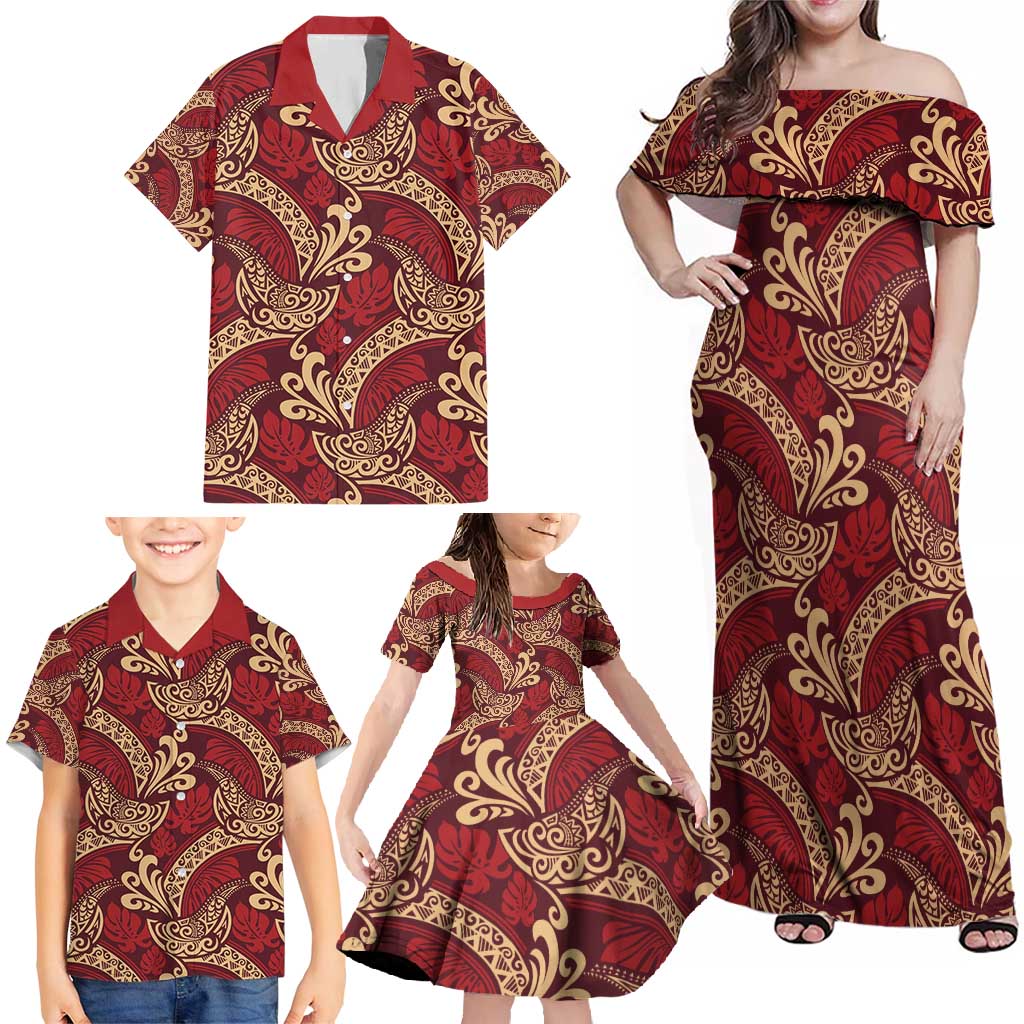 Luxury Red Monstera Family Matching Off Shoulder Maxi Dress and Hawaiian Shirt Polynesian Tribal Pattern - Polynesian Pride