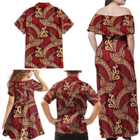 Luxury Red Monstera Family Matching Off Shoulder Maxi Dress and Hawaiian Shirt Polynesian Tribal Pattern - Polynesian Pride
