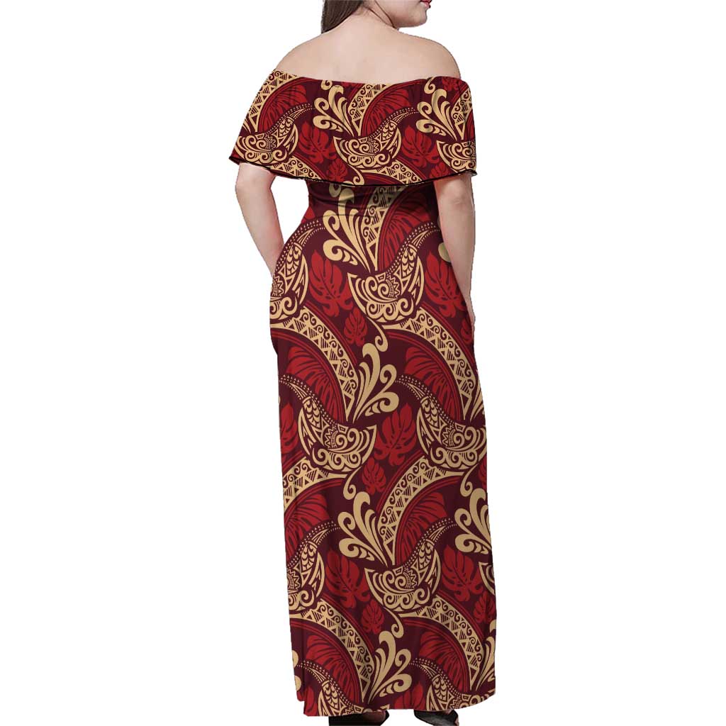 Luxury Red Monstera Family Matching Off Shoulder Maxi Dress and Hawaiian Shirt Polynesian Tribal Pattern - Polynesian Pride