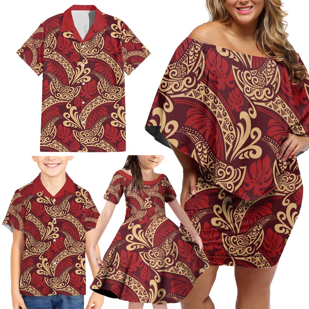 Luxury Red Monstera Family Matching Off Shoulder Short Dress and Hawaiian Shirt Polynesian Tribal Pattern - Polynesian Pride