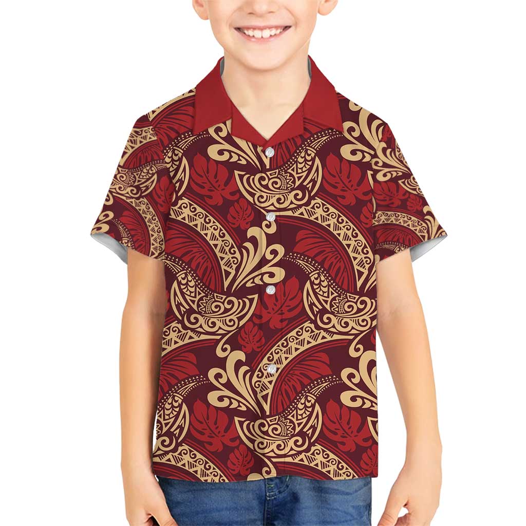 Luxury Red Monstera Family Matching Off Shoulder Short Dress and Hawaiian Shirt Polynesian Tribal Pattern - Polynesian Pride