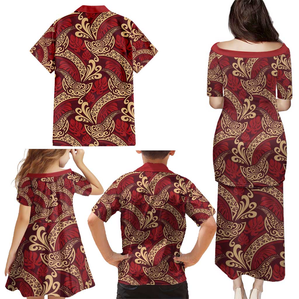 Luxury Red Monstera Family Matching Puletasi and Hawaiian Shirt Polynesian Tribal Pattern LT01 - Polynesian Pride