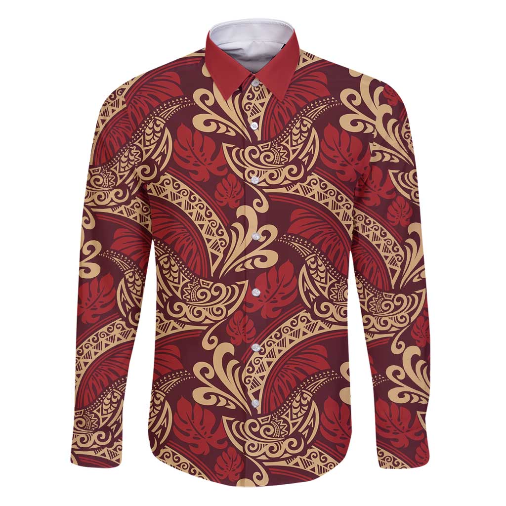 Luxury Red Monstera Family Matching Puletasi and Hawaiian Shirt Polynesian Tribal Pattern LT01 Dad's Shirt - Long Sleeve Red - Polynesian Pride