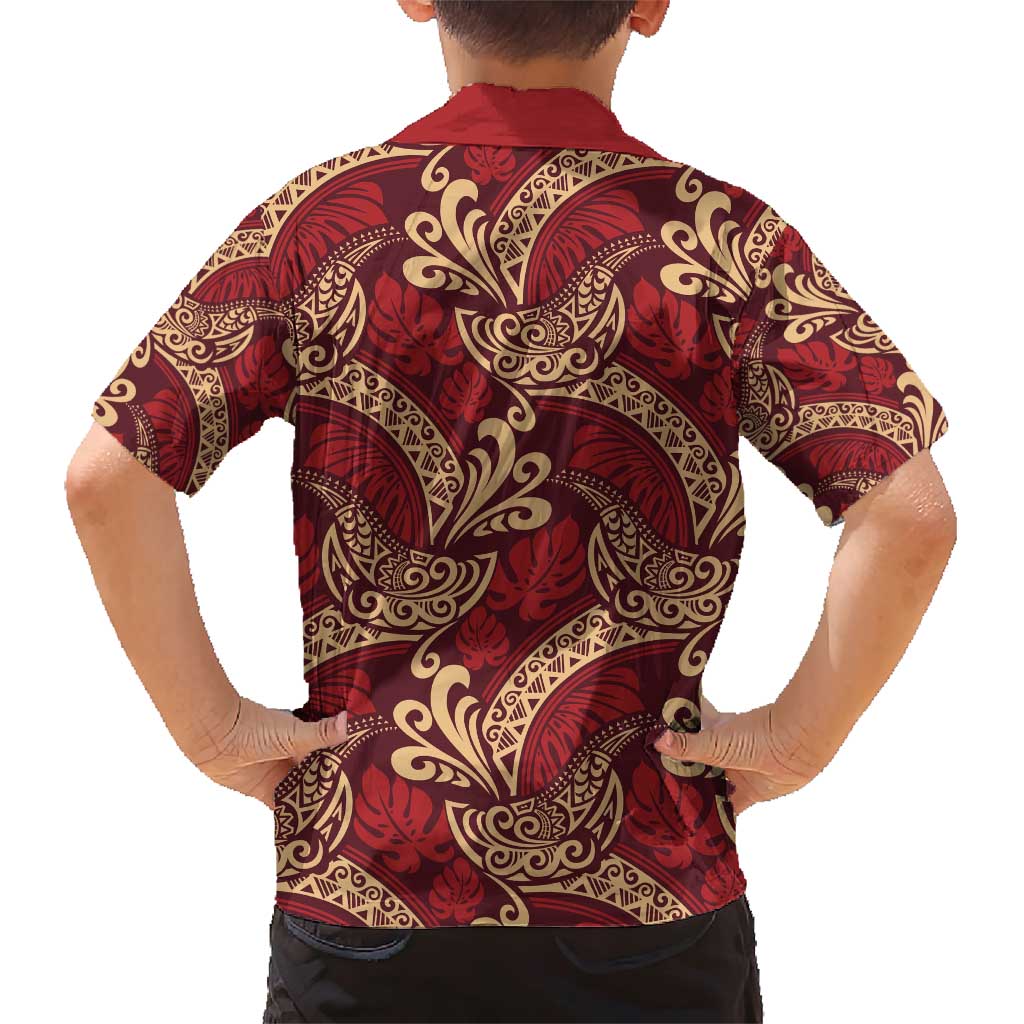 Luxury Red Monstera Family Matching Short Sleeve Bodycon Dress and Hawaiian Shirt Polynesian Tribal Pattern - Polynesian Pride