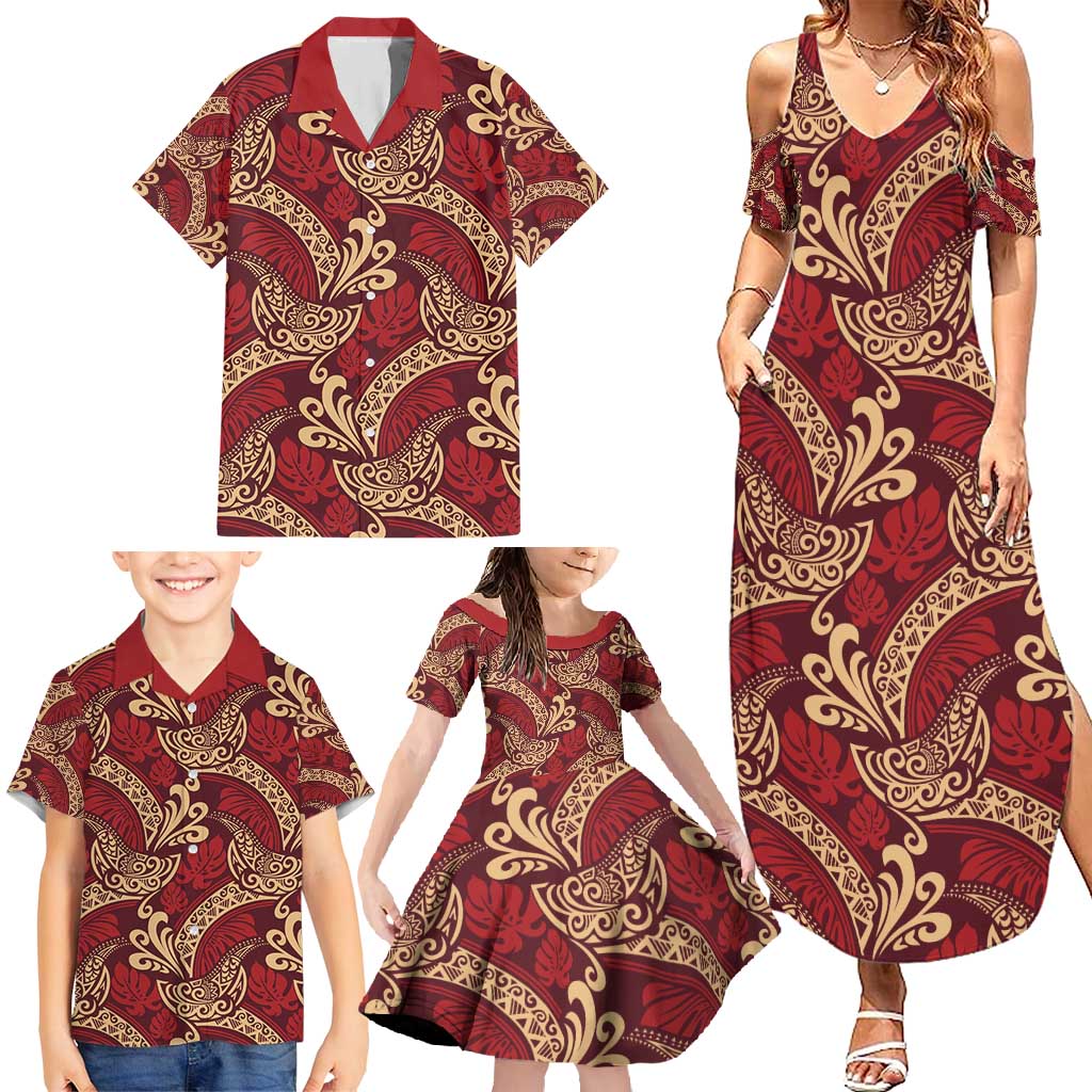 Luxury Red Monstera Family Matching Summer Maxi Dress and Hawaiian Shirt Polynesian Tribal Pattern - Polynesian Pride