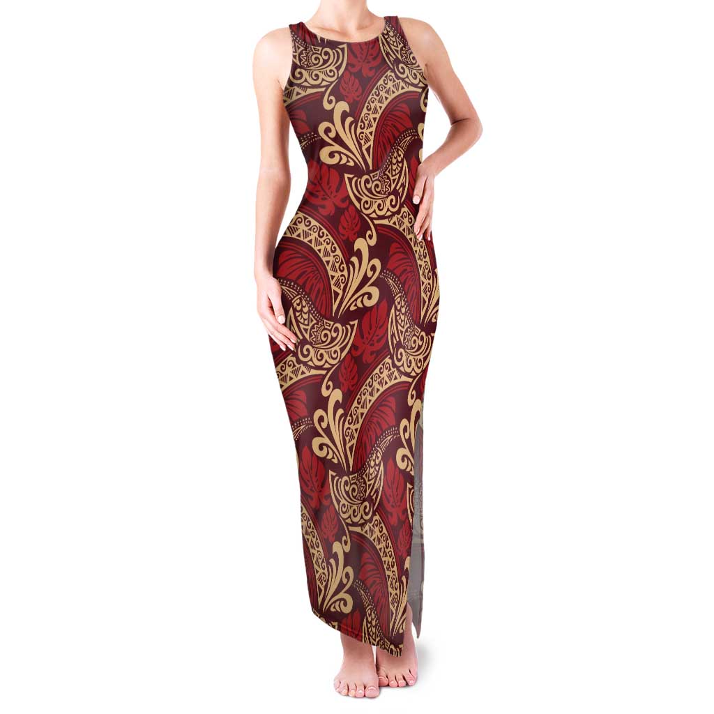 Luxury Red Monstera Family Matching Tank Maxi Dress and Hawaiian Shirt Polynesian Tribal Pattern - Polynesian Pride