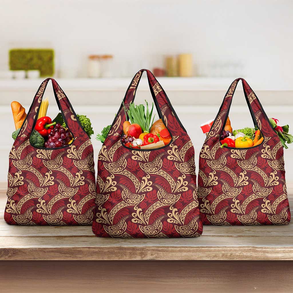 Luxury Red Monstera Grocery Bag Polynesian Tribal Pattern - Polynesian Pride