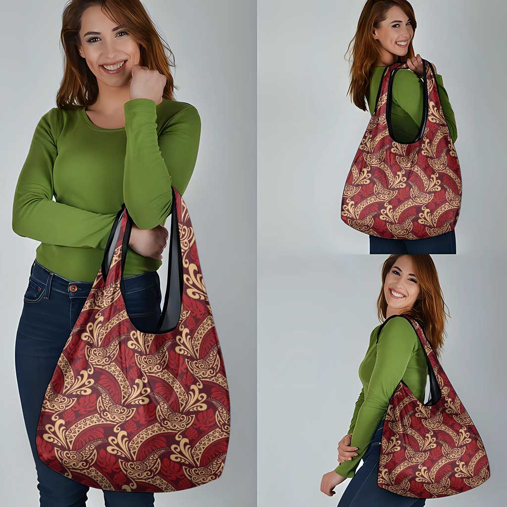 Luxury Red Monstera Grocery Bag Polynesian Tribal Pattern - Polynesian Pride