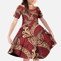 Luxury Red Monstera Kid Short Sleeve Dress Polynesian Tribal Pattern LT01 KID Red - Polynesian Pride