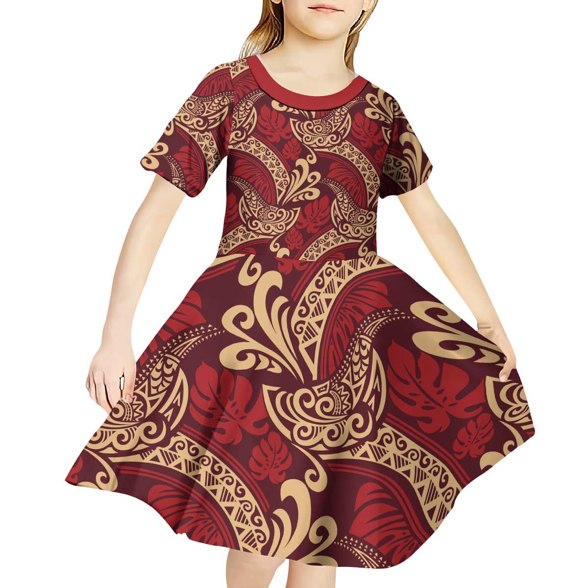 Luxury Red Monstera Kid Short Sleeve Dress Polynesian Tribal Pattern LT01 - Polynesian Pride