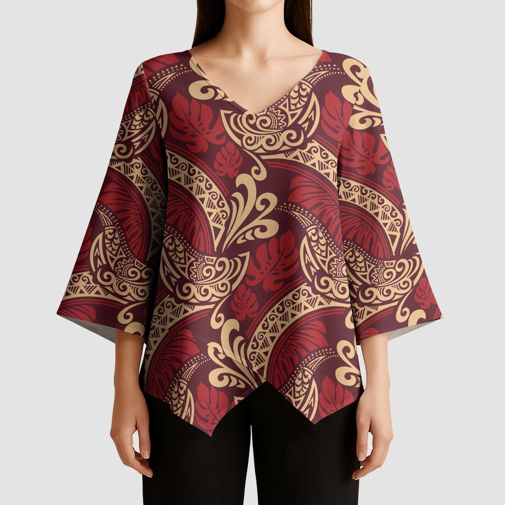 Luxury Red Monstera Kimono Sleeve Blouse Polynesian Tribal Pattern LT01 - Polynesian Pride