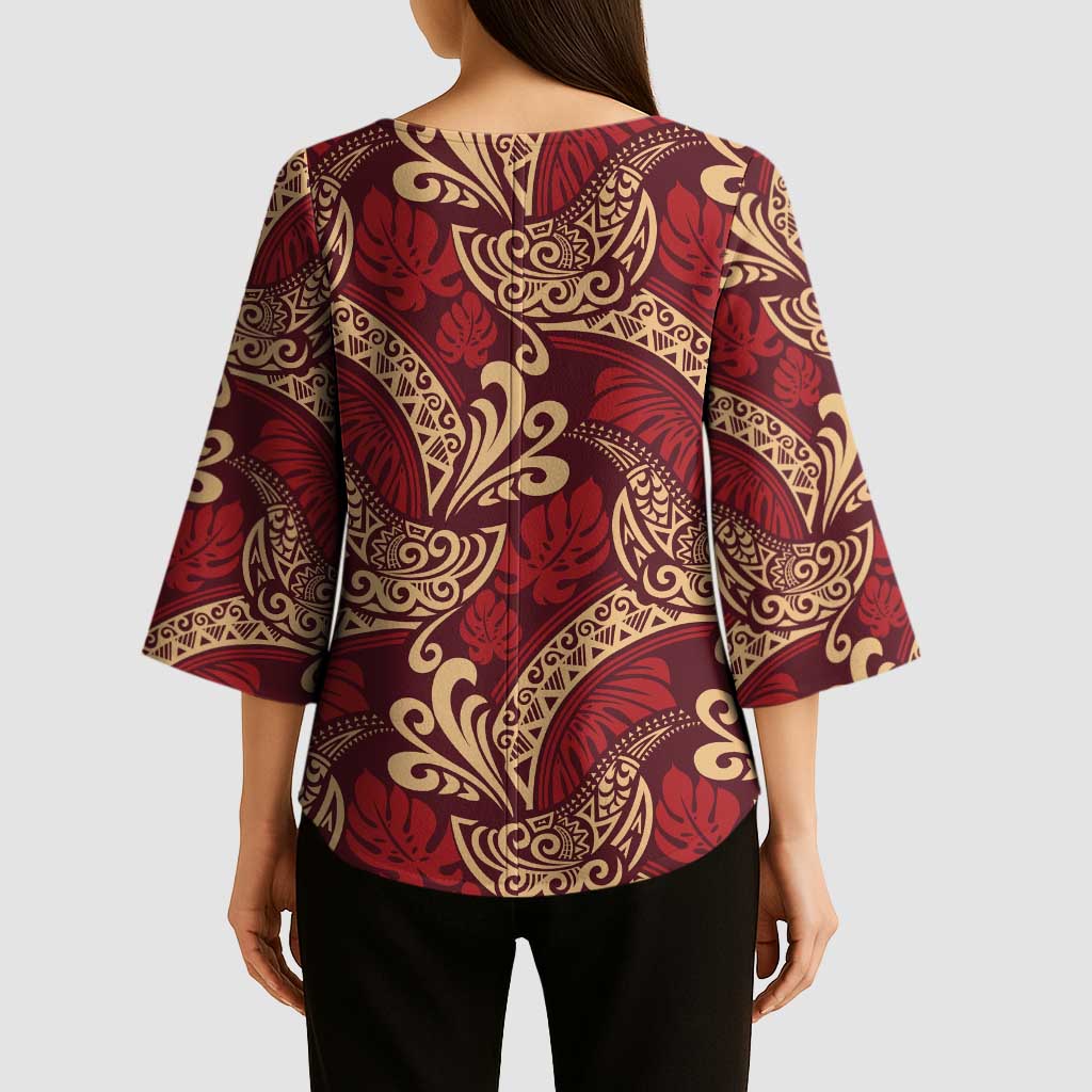 Luxury Red Monstera Kimono Sleeve Blouse Polynesian Tribal Pattern LT01 - Polynesian Pride