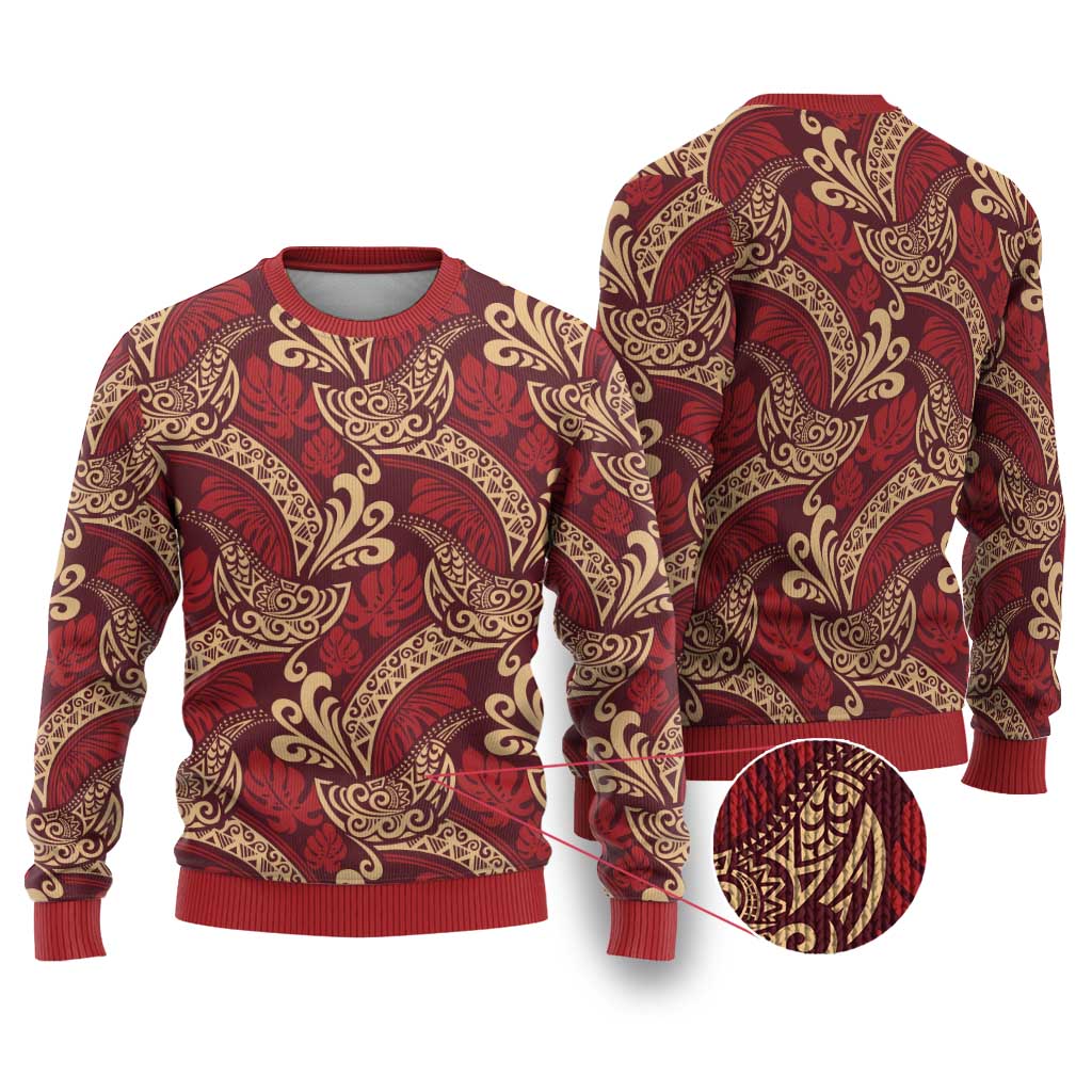 Luxury Red Monstera Ugly Christmas Sweater Polynesian Tribal Pattern - Polynesian Pride
