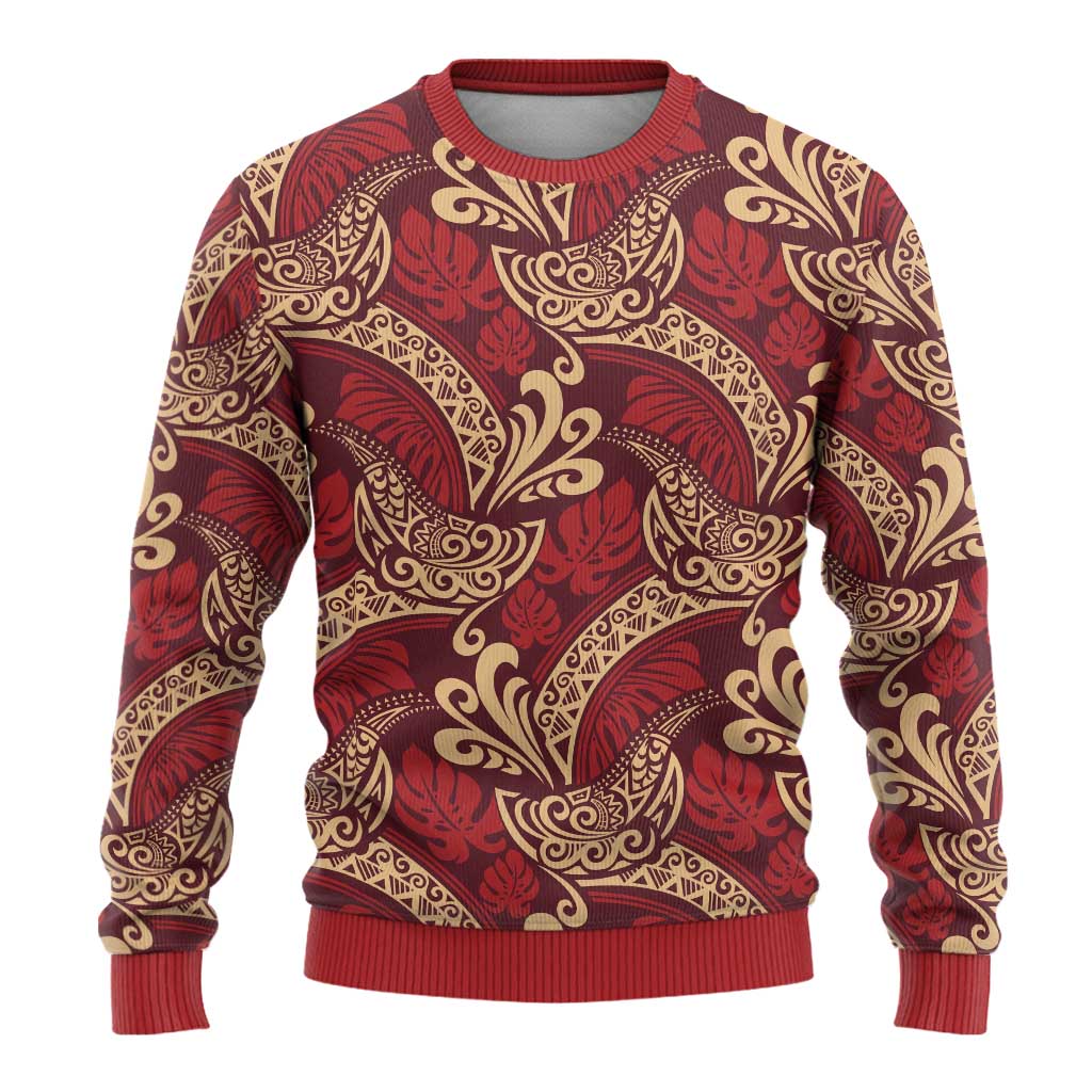 Luxury Red Monstera Ugly Christmas Sweater Polynesian Tribal Pattern - Polynesian Pride