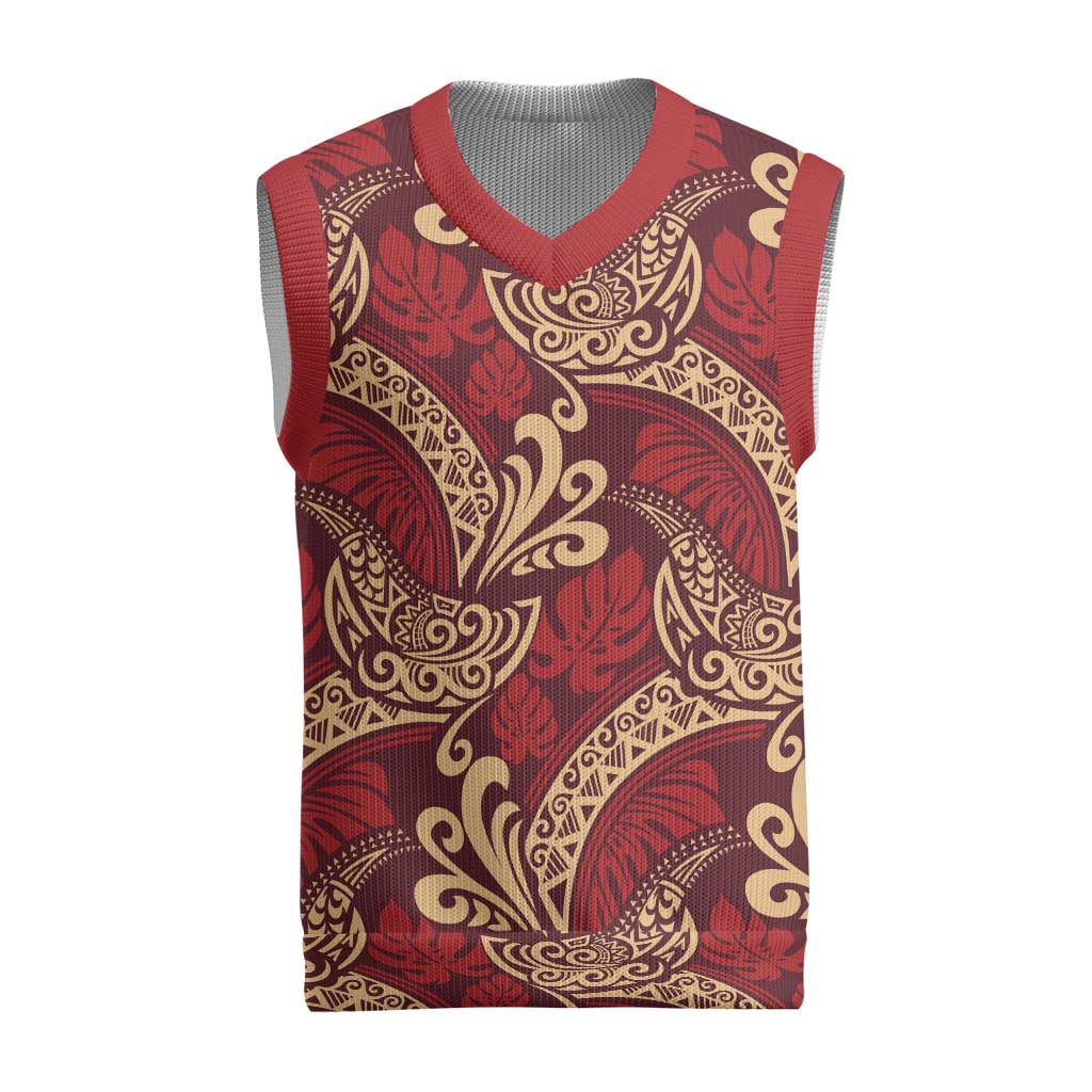 Luxury Red Monstera Christmas Knitted V-Neck Vest Polynesian Tribal Pattern LT01 Red - Polynesian Pride