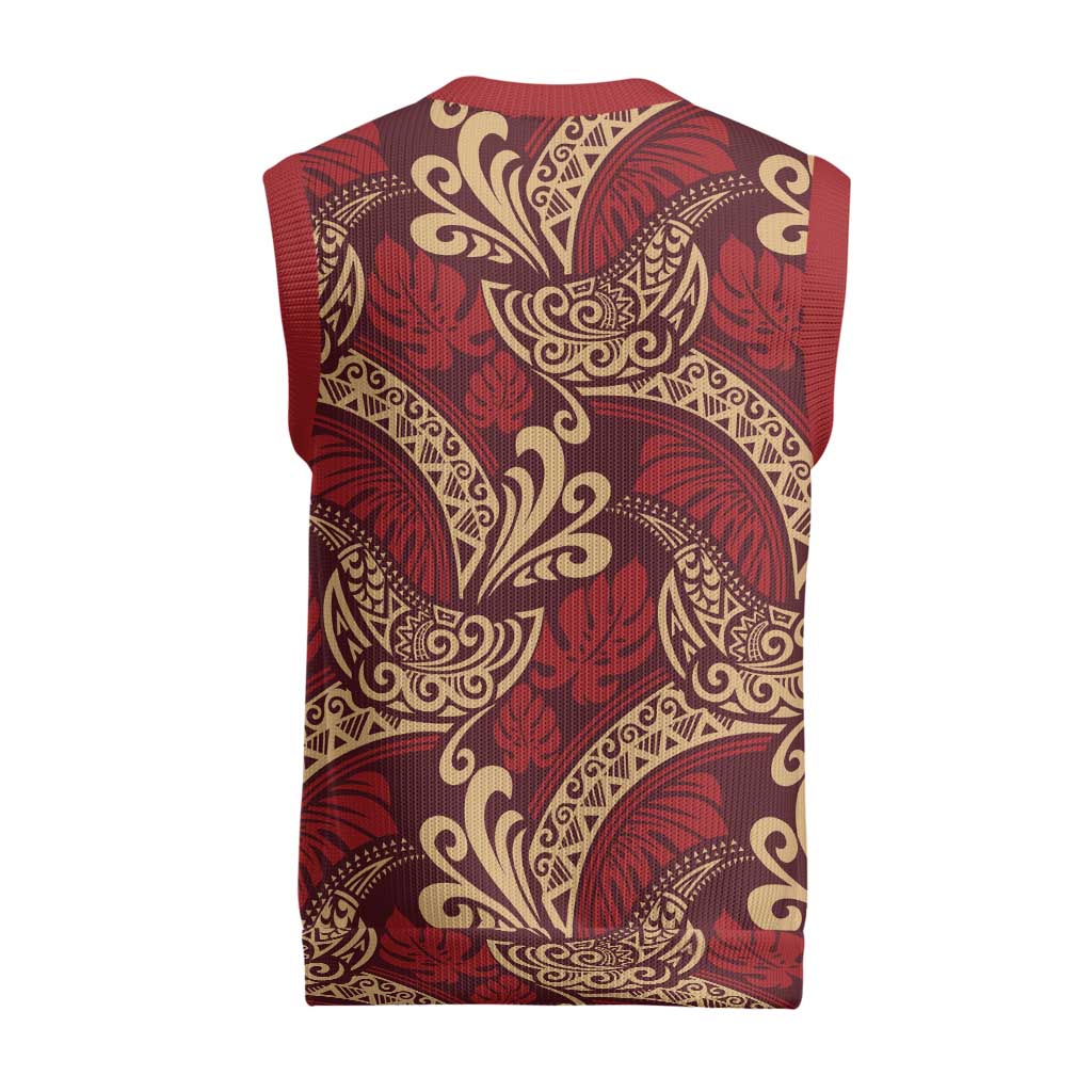Luxury Red Monstera Christmas Knitted V-Neck Vest Polynesian Tribal Pattern LT01 - Polynesian Pride