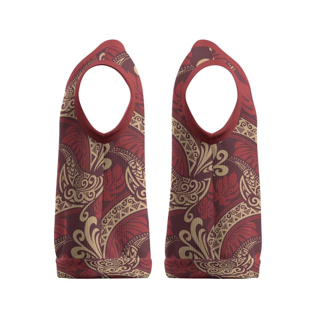 Luxury Red Monstera Christmas Knitted V-Neck Vest Polynesian Tribal Pattern LT01 - Polynesian Pride