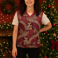 Luxury Red Monstera Christmas Knitted V-Neck Vest Polynesian Tribal Pattern LT01 - Polynesian Pride