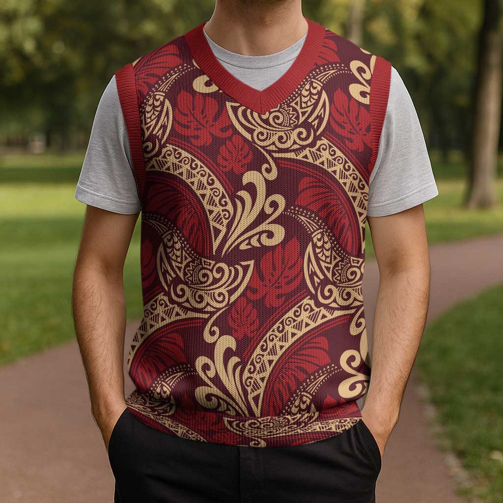 Luxury Red Monstera Christmas Knitted V-Neck Vest Polynesian Tribal Pattern LT01 - Polynesian Pride
