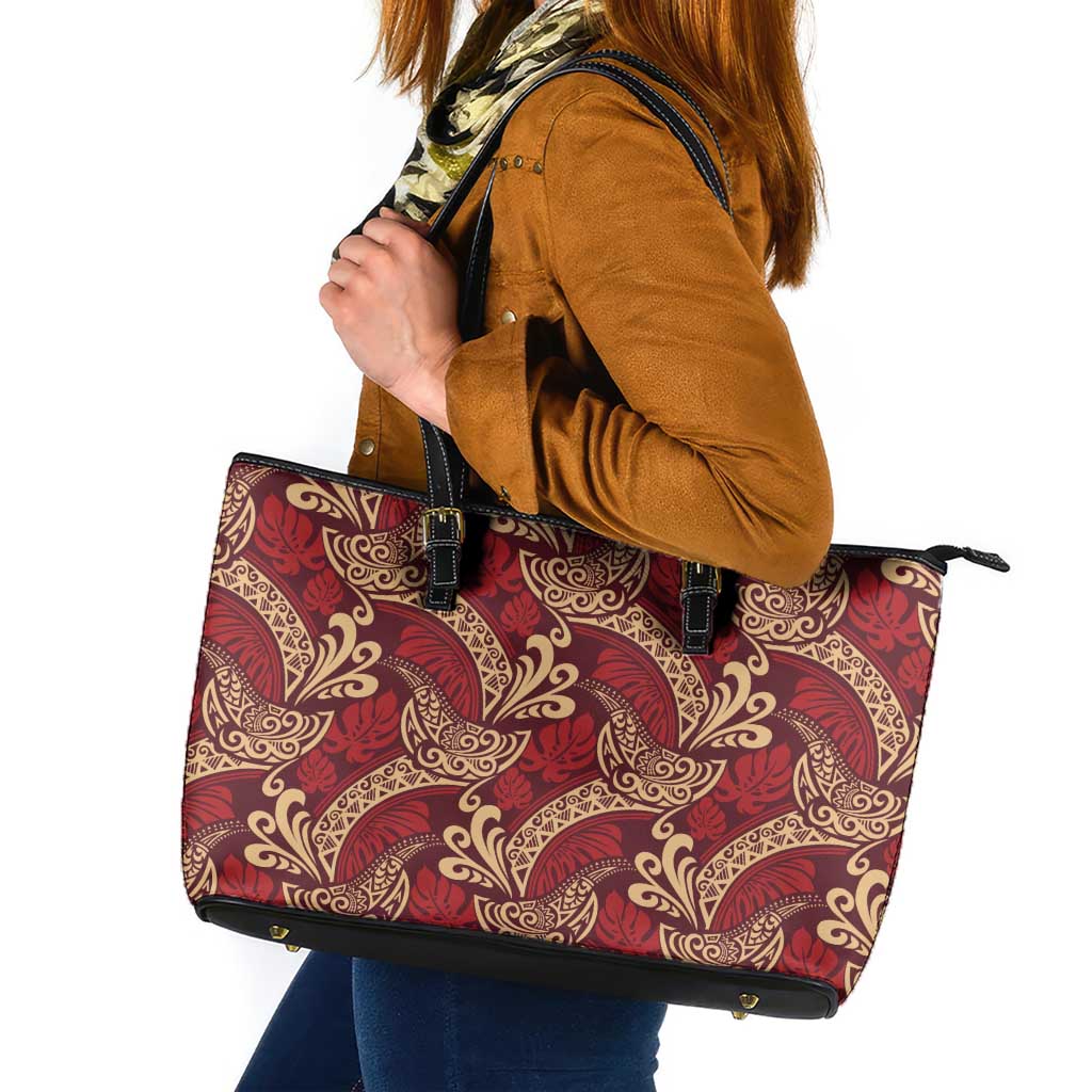 Luxury Red Monstera Leather Tote Bag Polynesian Tribal Pattern - Polynesian Pride