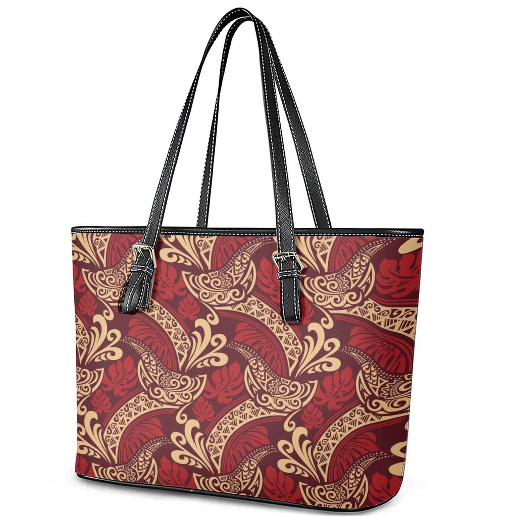 Luxury Red Monstera Leather Tote Bag Polynesian Tribal Pattern - Polynesian Pride