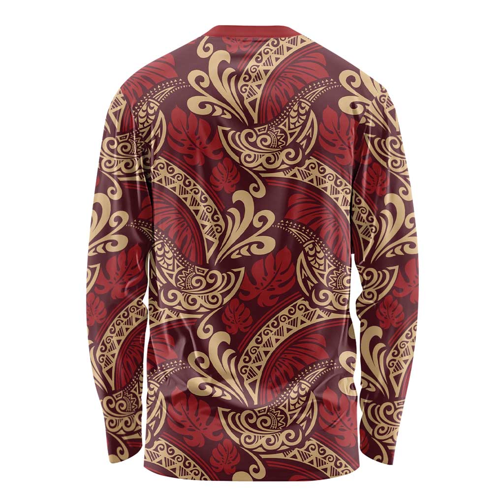 Luxury Red Monstera Long Sleeve Shirt Polynesian Tribal Pattern LT01 - Polynesian Pride