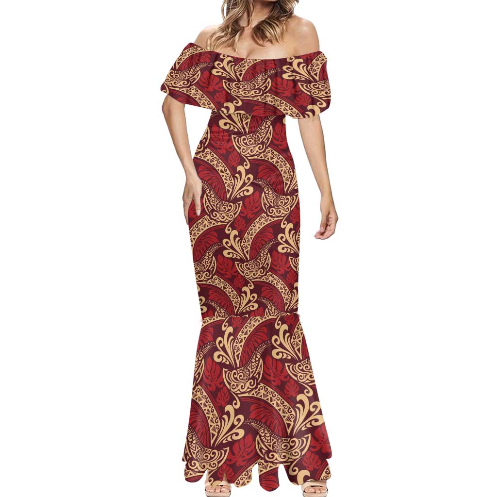 Luxury Red Monstera Mermaid Dress Polynesian Tribal Pattern LT01 - Polynesian Pride
