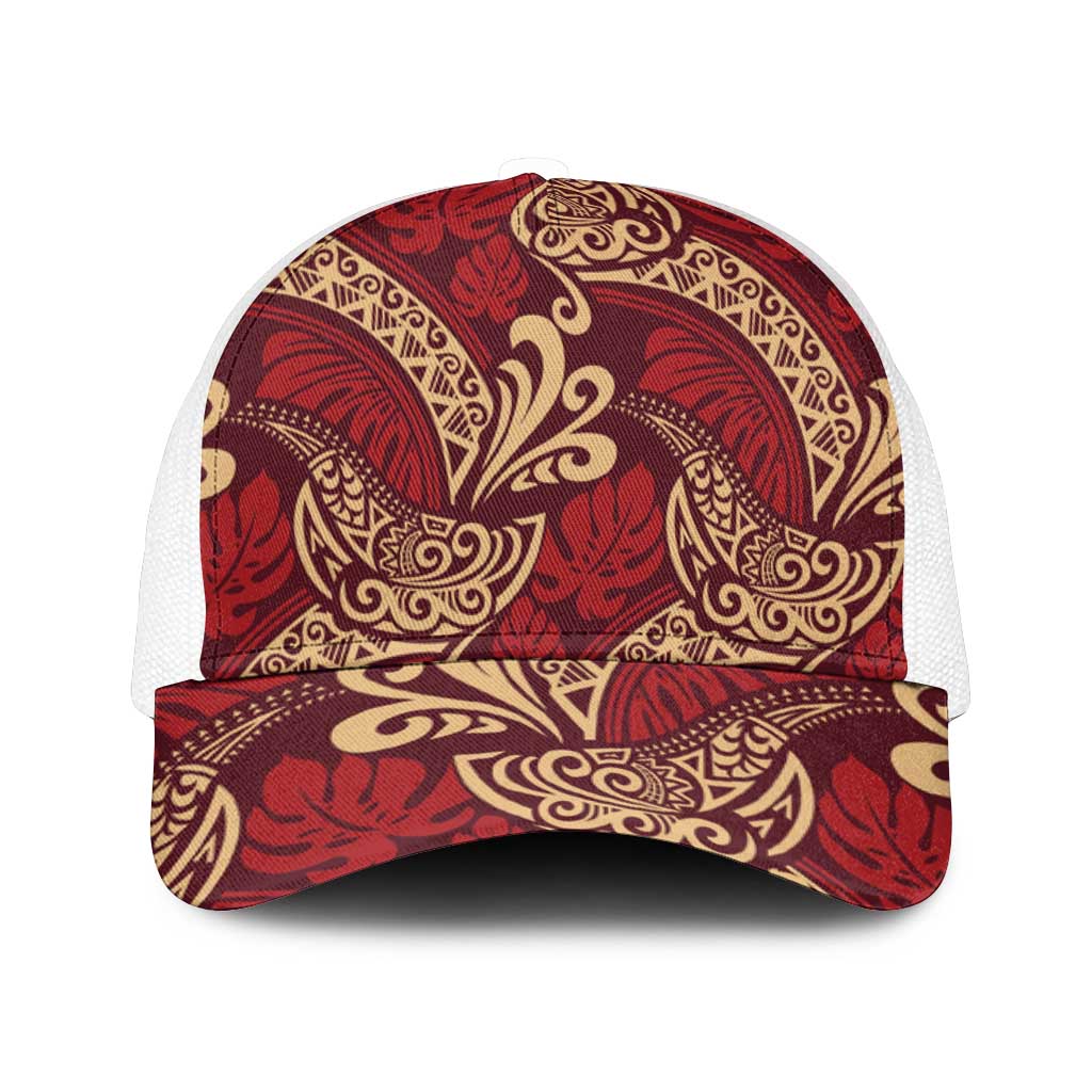 Luxury Red Monstera Mesh Trucker Cap Polynesian Tribal Pattern - Polynesian Pride