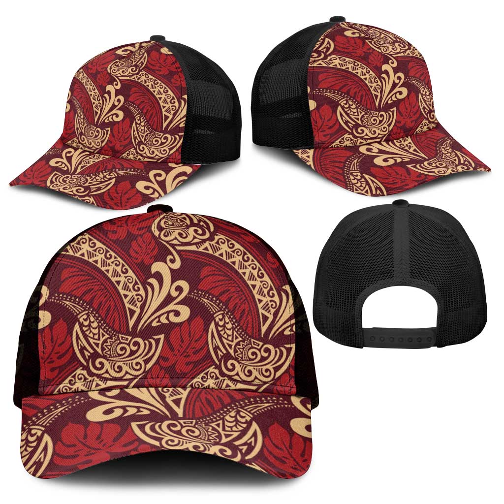 Luxury Red Monstera Mesh Trucker Cap Polynesian Tribal Pattern - Polynesian Pride